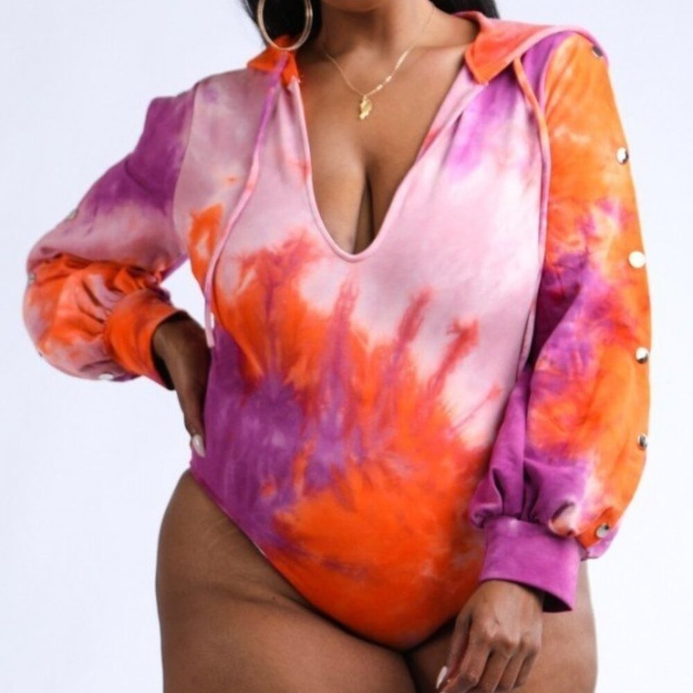 Plus Size V Neck Hooded Orange Pink Tie Dye Bodysuit Buttons Down Sleeve